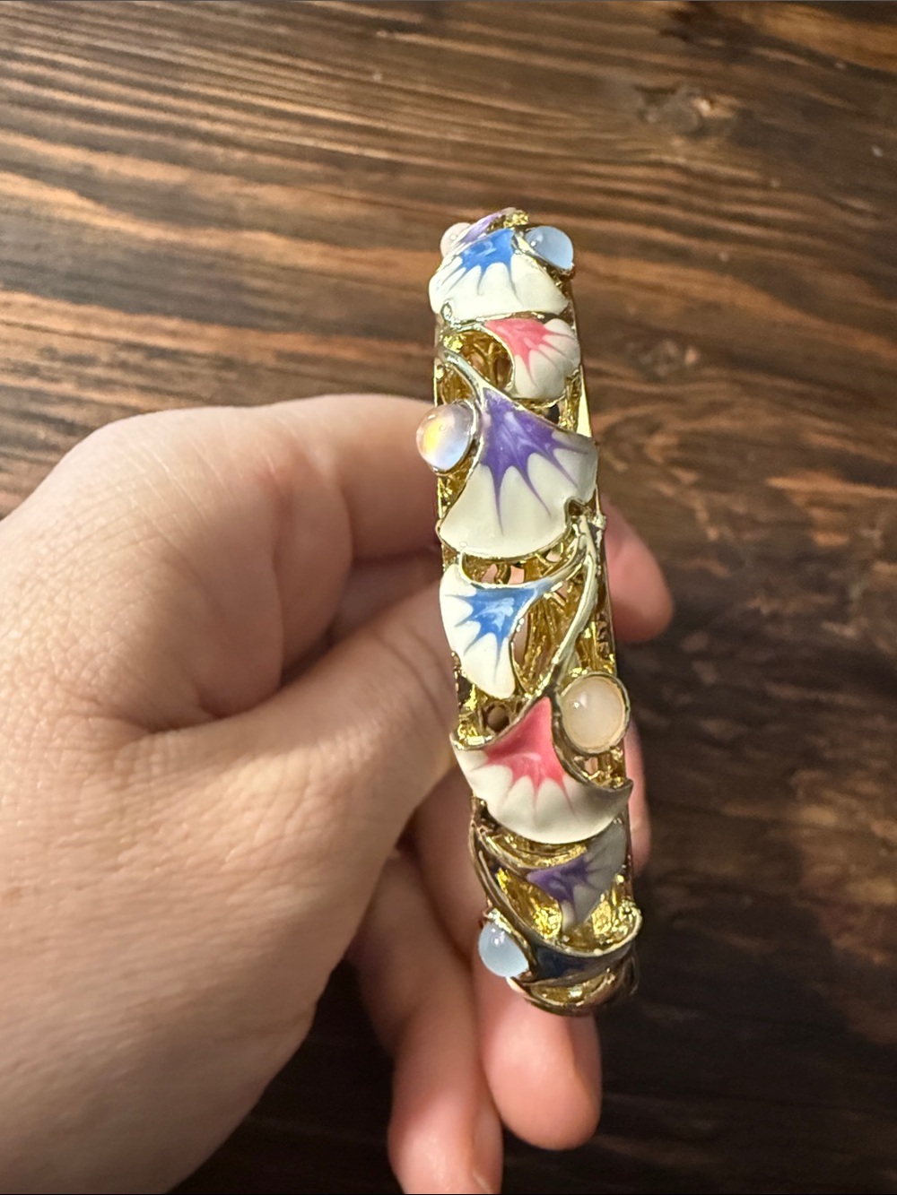 Gold Plated Floral Enamel Hinged Bangle Bracelet - Pink, Blue, Purple